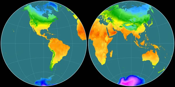 以西经90度为中心的第四十度全球投影世界地图 平均年温度图 具有满意性能的栅格原料复合材料 3D插图 — 图库照片