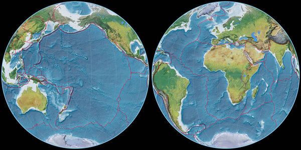 Карта мира в глобулярной проекции Фурнье сосредоточена на 170 западной долготе. Основные физиографические особенности ландшафта - композитный растровый материал с границами градиентных и тектонических плит. 3D иллюстрация
