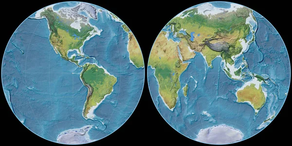 西の経度90を中心としたフルニエ グローバル プロジェクションの世界地図 主な生理的景観機能 粒状とラスターの生の複合体 3Dイラスト — ストック写真