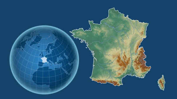 Francji Globus Kształcie Kraju Powiększonej Mapie Odizolowanym Zarysem Niebieskim Tle — Zdjęcie stockowe