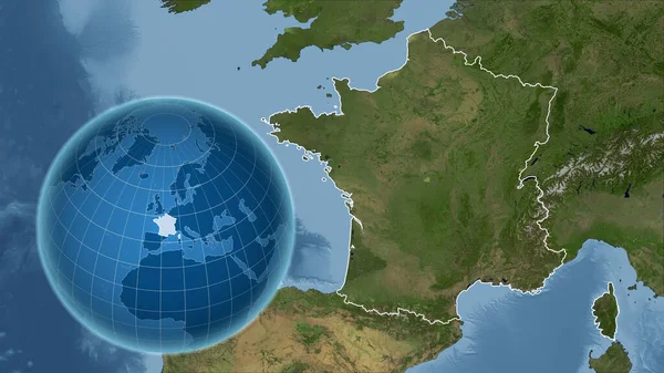 Франція Глобус Формі Країни Проти Масштабованої Карти Контуром Супутникові Знімки — стокове фото