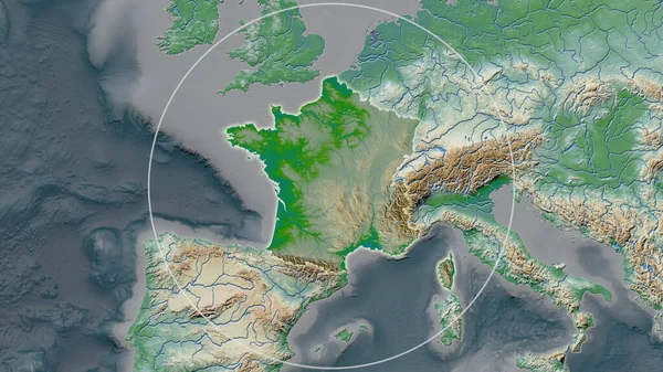 法国幅员辽阔的地区在其邻近地区的背景上被一个圆形包围着 彩色物理图 — 图库照片