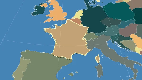 Francie Její Okolí Vzdálená Šikmá Perspektiva Obrys Barevná Mapa Rozdělení — Stock fotografie