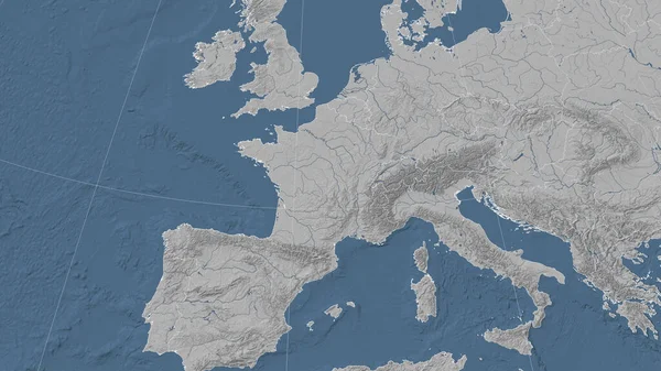 Fransa ve komşuları. Uzak eğimli perspektif - özet yok. Gri tonlama yükseklik haritası