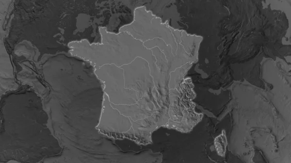 Площадь Франции Увеличилась Светилась Темном Фоне Окрестностей Двухуровневая Карта Высоты — стоковое фото