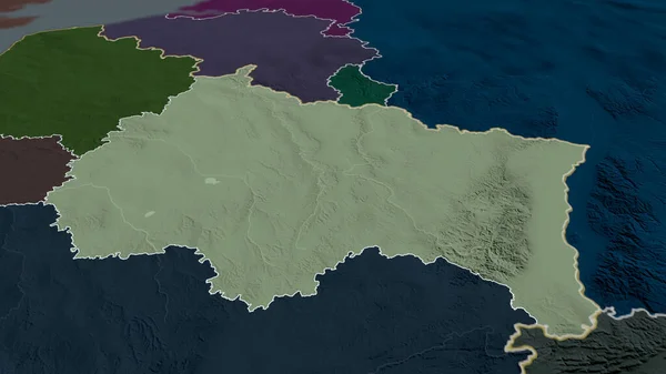 Grand Est - region of France zoomed and highlighted. Colored and bumped map of the administrative division. 3D rendering