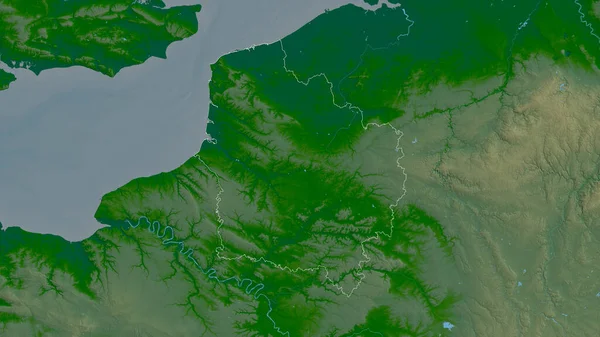 Hauts-de-France, region of France. Colored shader data with lakes and rivers. Shape outlined against its country area. 3D rendering