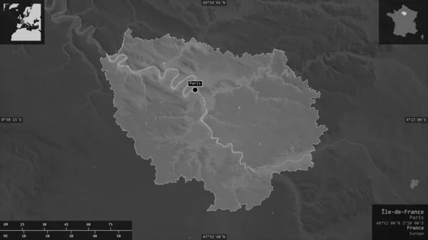 Isla Francia Región Francia Mapa Escala Grises Con Lagos Ríos — Foto de Stock