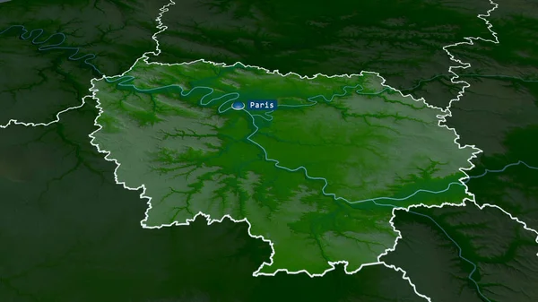 Ile-de-France - region of France zoomed and highlighted with capital. Main physical landscape features. 3D rendering