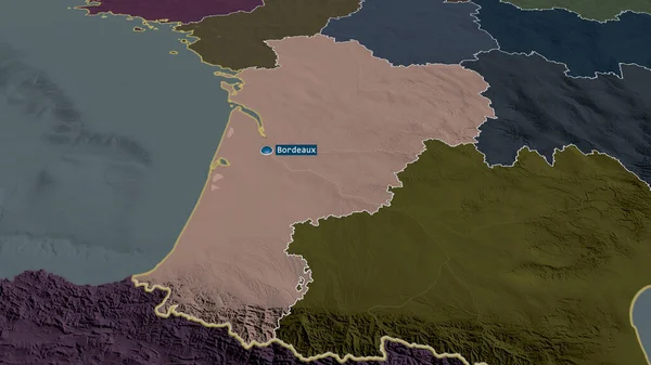 Nouvelle-Aquitaine - region of France zoomed and highlighted with capital. Colored and bumped map of the administrative division. 3D rendering