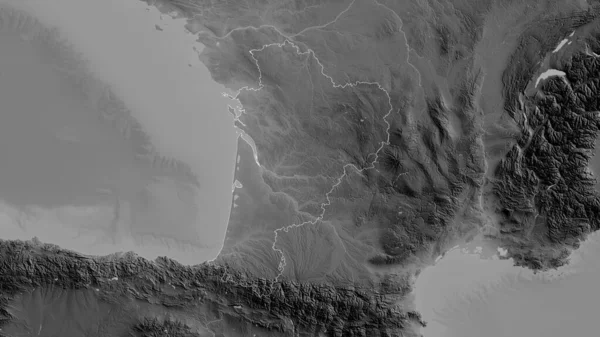 Nouvelle-Aquitaine, region of France. Grayscaled map with lakes and rivers. Shape outlined against its country area. 3D rendering