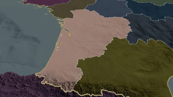 Nouvelle-Aquitaine - region of France zoomed and highlighted. Colored and bumped map of the administrative division. 3D rendering