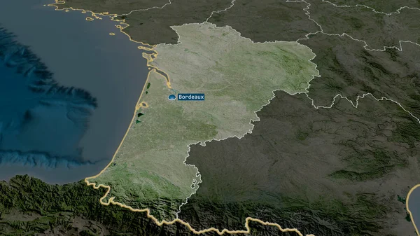 Nouvelle-Aquitaine - region of France zoomed and highlighted with capital. Satellite imagery. 3D rendering