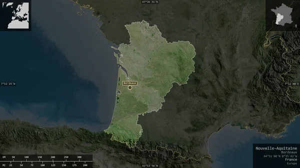 Nouvelle-Aquitaine, region of France. Satellite imagery. Shape presented against its country area with informative overlays. 3D rendering