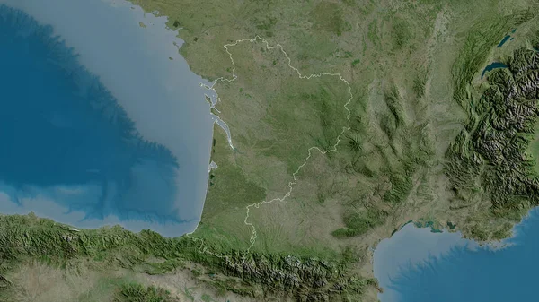 Nouvelle-Aquitaine, region of France. Satellite imagery. Shape outlined against its country area. 3D rendering