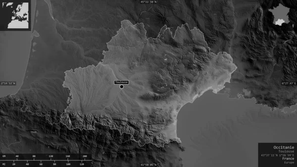 Occitanie Region Francji Mapa Szarości Jeziorami Rzekami Kształt Przedstawiony Swoim — Zdjęcie stockowe