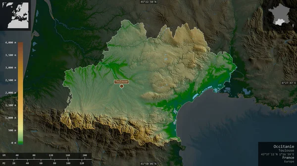 Occitanie Región Francia Datos Sombreado Colores Con Lagos Ríos Forma — Foto de Stock