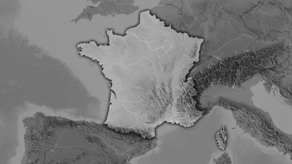 Stereografik projeksiyondaki gri ölçekli yükselme haritasında Fransa bölgesi - koyu parlak çizgili raster tabakalarının ham bileşimi