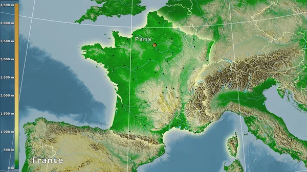 Physical map within the France area in the stereographic projection with legend - main composition