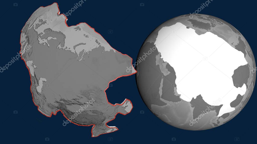 Eurasian tectonic plate extruded and presented against the globe. grayscale elevation map. 3D rendering