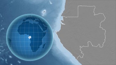 Gabon. Zoom haritasına karşı ülkenin şekline sahip bir dünya. Gri tonlama yükseklik haritası