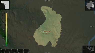 Haut-Ogooue, Gabon vilayeti. Gölleri ve nehirleri olan renkli gölge verileri. Ülke alanına karşı bilgilendirici örtülerle sunulan şekil. 3B görüntüleme