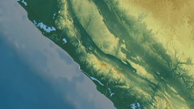 Nyanga, Gabon vilayeti. Göller ve nehirlerle renkli rahatlama. Ülke alanına göre şekillendirilmiş. 3B görüntüleme