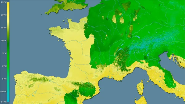 Middeltemperatur Varmeste Kvartal Frankrig Område Den Stereografiske Fremskrivning Med Legende - Stock-foto