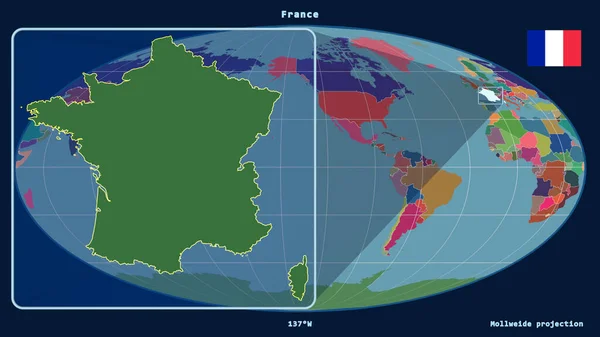 フランスのアウトラインを視野線で拡大し Mollweide予測の世界地図に対して 左側の形 行政区画のカラーマップ — ストック写真