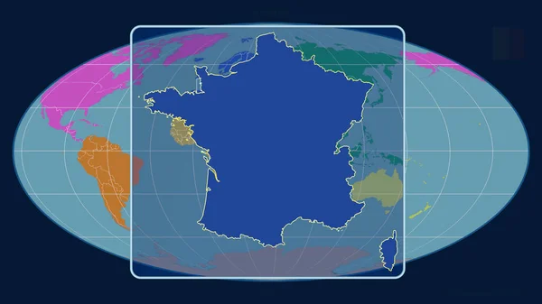 Увеличенный Вид Франции Перспективными Линиями Против Глобальной Карты Проекции Моллвейда — стоковое фото