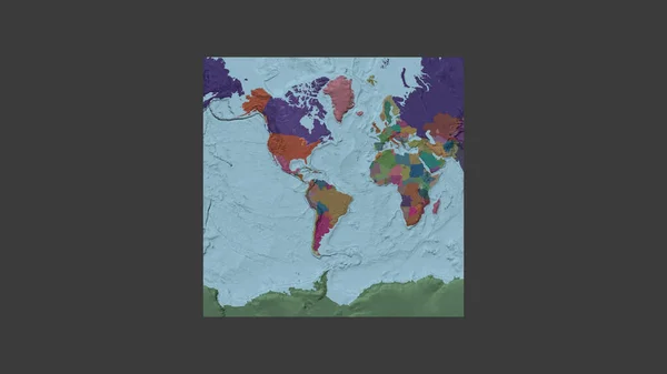 Square frame of the large-scale map of the world in an oblique Van der Grinten projection centered on the territory of French Guiana. Color map of the administrative division