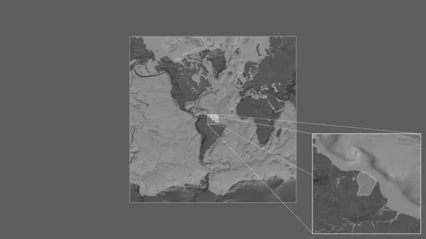 从世界大比例尺地图中提取出的法属圭亚那扩大和扩大的区域 其主要线连接了框架的各个角落 Bilevel高地图 — 图库照片