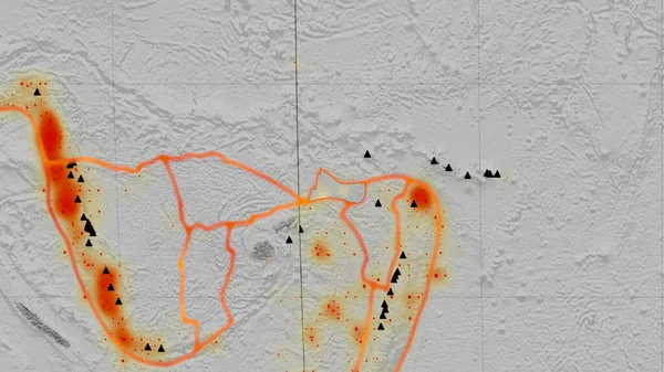 フツナ構造プレートは カヴァライスキー予測の世界的なグレースケールの標高地図上で概説されました 3Dレンダリング — ストック写真