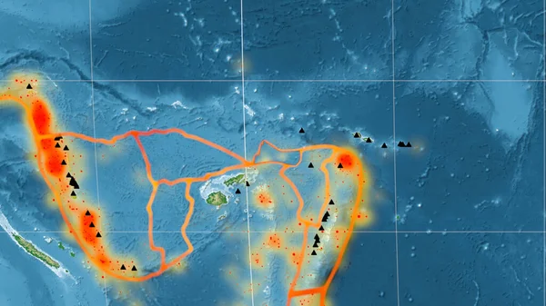 富图纳板块在莫尔韦德投影的全球彩色物理地图上勾勒出轮廓 3D渲染 — 图库照片