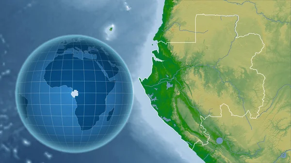 ガボン アウトラインを持つ拡大地図に対して国の形を持つグローブ 色物理図 — ストック写真