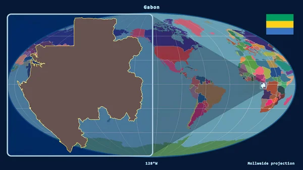 Увеличенный Вид Габона Перспективными Линиями Против Глобальной Карты Проекции Моллвейда — стоковое фото
