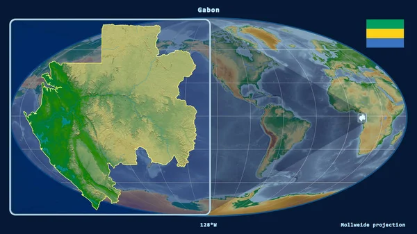 Увеличенный Вид Габона Перспективными Линиями Против Глобальной Карты Проекции Моллвейда — стоковое фото