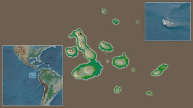 Galapagos Adaları 'na ve bölgedeki konumuna ve geniş çaplı bir dünya haritasının merkezine yakın. Renk fiziksel haritası