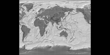 Gall Stereografik projeksiyonundaki dünya haritası 90 Doğu boylamına odaklı. Çift katmanlı topoğrafik harita. Raster 'ın ham kompozitosu. 3B illüstrasyon