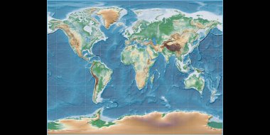 Gall Stereografik projeksiyonundaki dünya haritası 11 Doğu boylamı üzerine kuruludur. Renkli gölgeleyici, yükseklik haritası. Raster 'ın ham bileşimi. 3B illüstrasyon