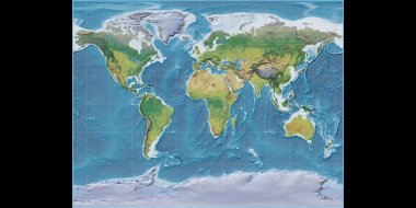 Gall Stereografik projeksiyonundaki dünya haritası 11 Doğu boylamı üzerine kuruludur. Ana fizyolojik manzara özellikleri. Raster 'ın ham bileşimi. 3B illüstrasyon