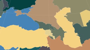 Georgia ve mahallesi. Uzak eğimli perspektif - özet yok. idari bölümlerin renk haritası