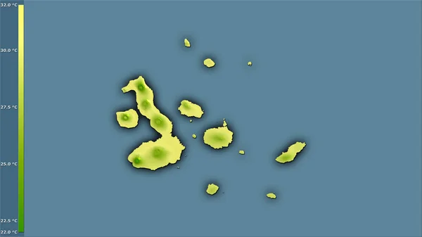 加拉帕戈斯群岛地区内带有图例的立体投影中最温暖月份的最高温度 深色发光轮廓的栅格层的原始组成 — 图库照片