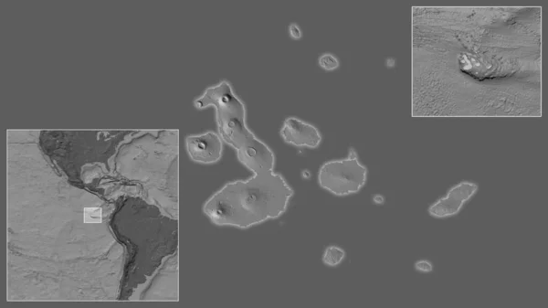 Galapagos Szigetek Közelsége Elhelyezkedése Régióban Egy Nagyszabású Világtérkép Közepén Kétszintes — Stock Fotó