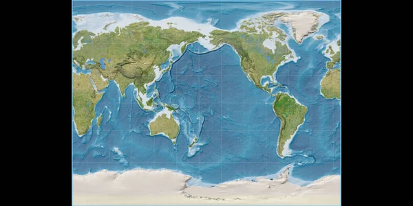 World map in the Gall Stereographic projection centered on 170 West longitude. Satellite imagery B - raw composite of raster with graticule. 3D illustration