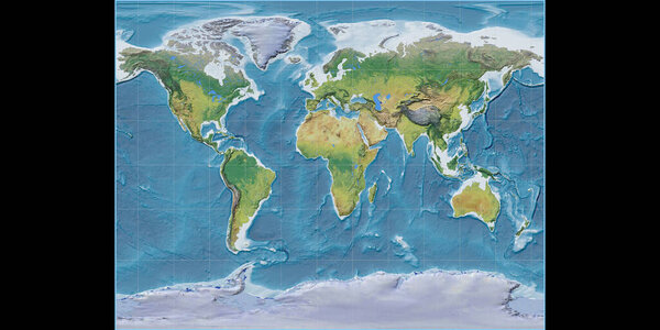 World map in the Gall Stereographic projection centered on 11 East longitude. Main physiographic landscape features - raw composite of raster with graticule. 3D illustration