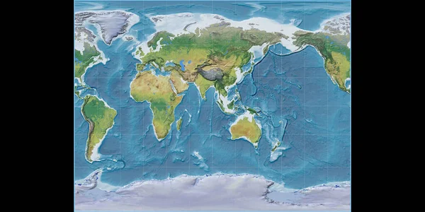 World map in the Gall Stereographic projection centered on 90 East longitude. Main physiographic landscape features - raw composite of raster with graticule. 3D illustration