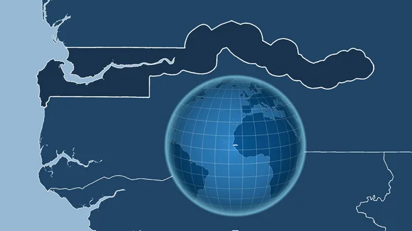 Gambie Globe Tvarem Země Proti Zvětšené Mapě Jeho Obrysem Pouze — Stock fotografie