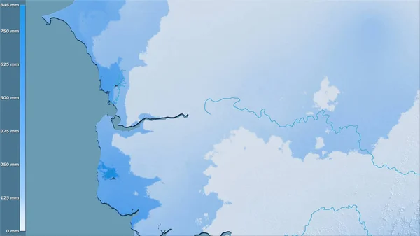 凡例と立体投影のガンビア地域内で最も暖かい四半期の降水量 ラスター層の生の組成 — ストック写真