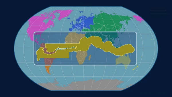 カヴァライスキー プロジェクションの世界地図に対する遠近法線を持つガンビア線の拡大表示 形を中心に 大陸のカラーマップ — ストック写真